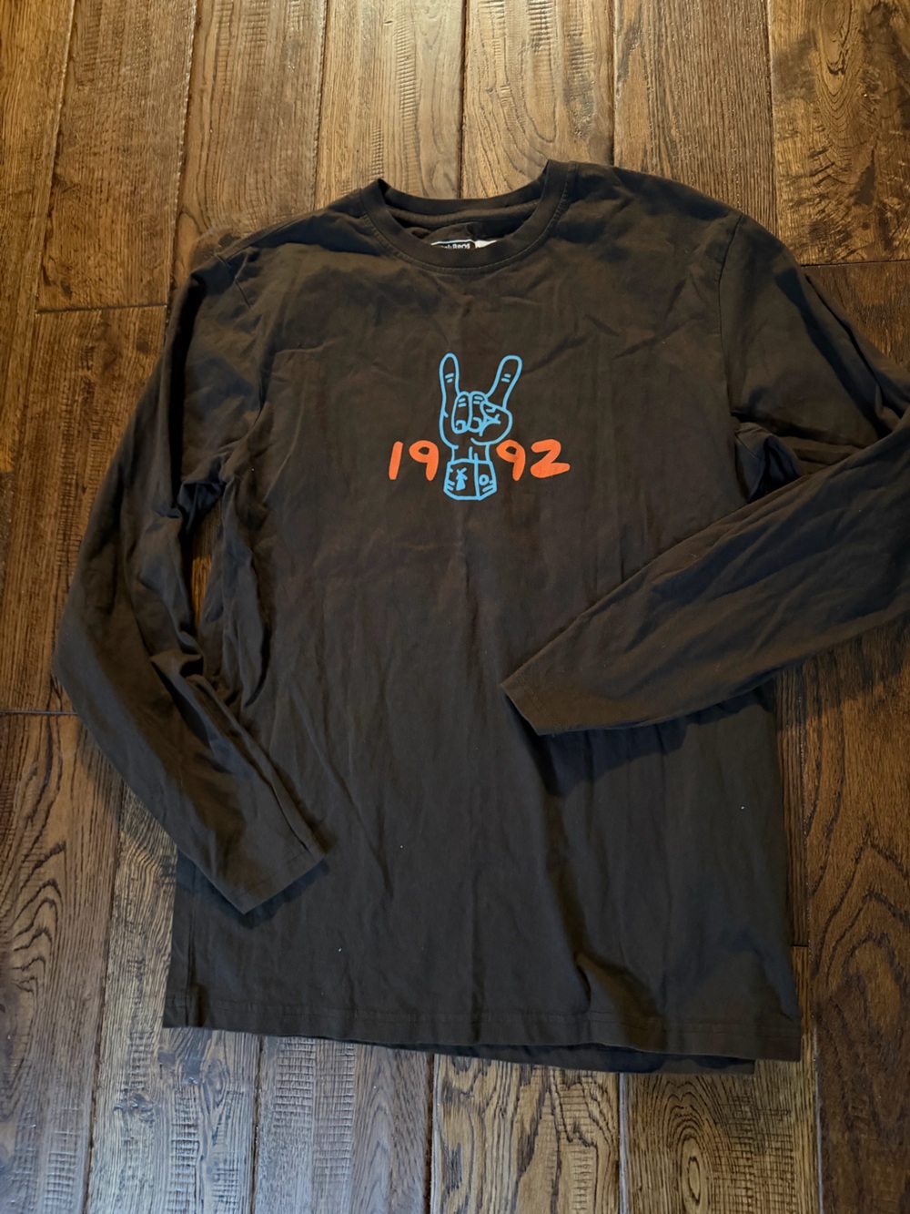 Dutch Bros Black Long-Sleeve Tee with Blue Hand Graphic & Orange Numbers